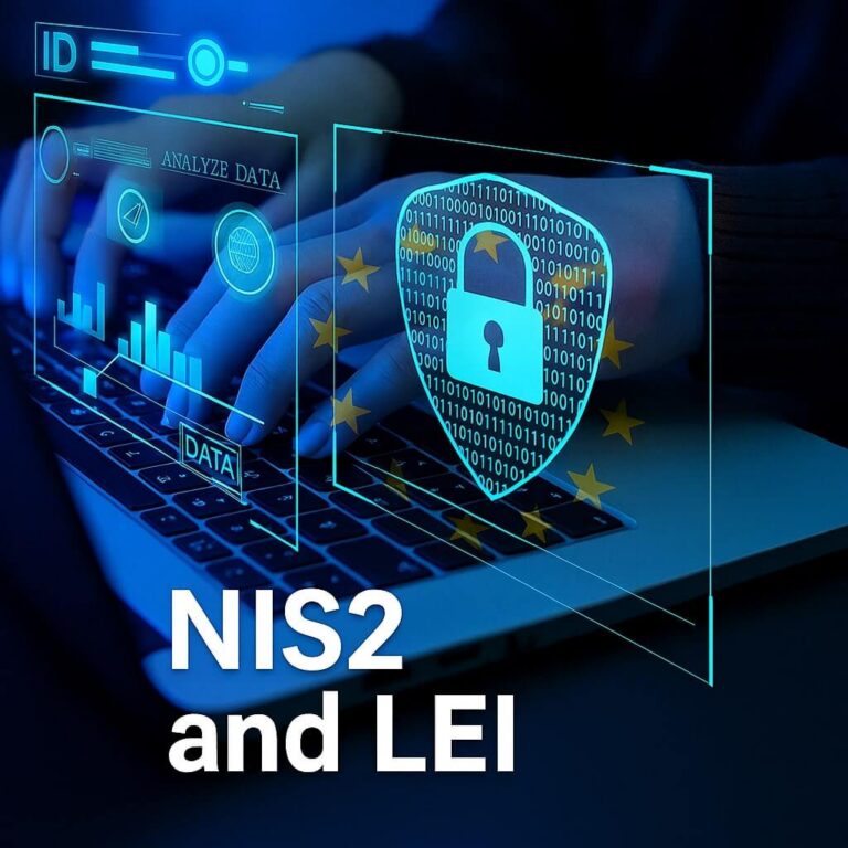 Mains tapant sur un ordinateur portable avec des graphiques de cadenas numériques et de drapeau de l'UE, symbolisant la conformité à la directive NIS2 et au code LEI.