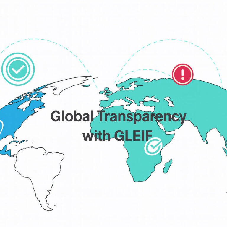 Illustration de la carte du monde montrant les connexions mondiales et le texte 'Transparence mondiale avec GLEIF', symbolisant la transparence financière et l'identification fiable des entités