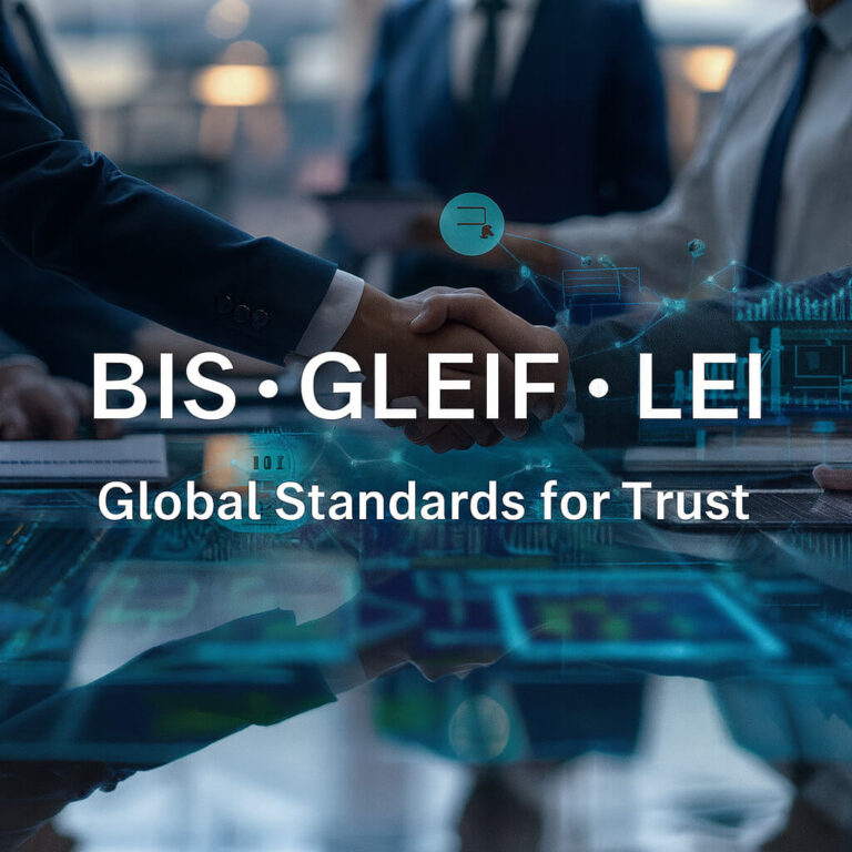 Poignée de main avec superposition de réseau numérique et texte BRI • GLEIF • LEI – Normes Mondiales de Confiance