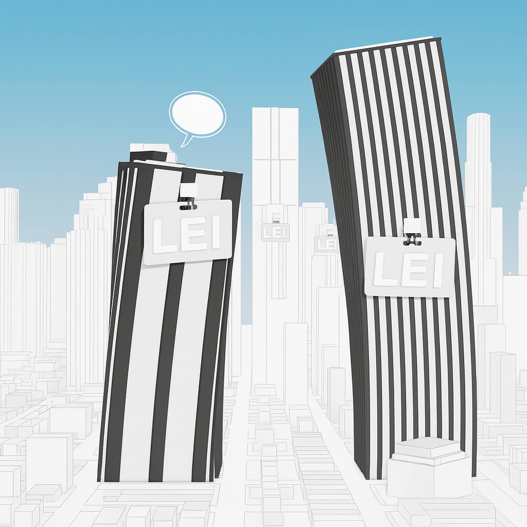Illustration de bâtiments d'entreprise portant des badges LEI, symbolisant l'utilisation de l'identifiant d'entité juridique dans le secteur d'activité