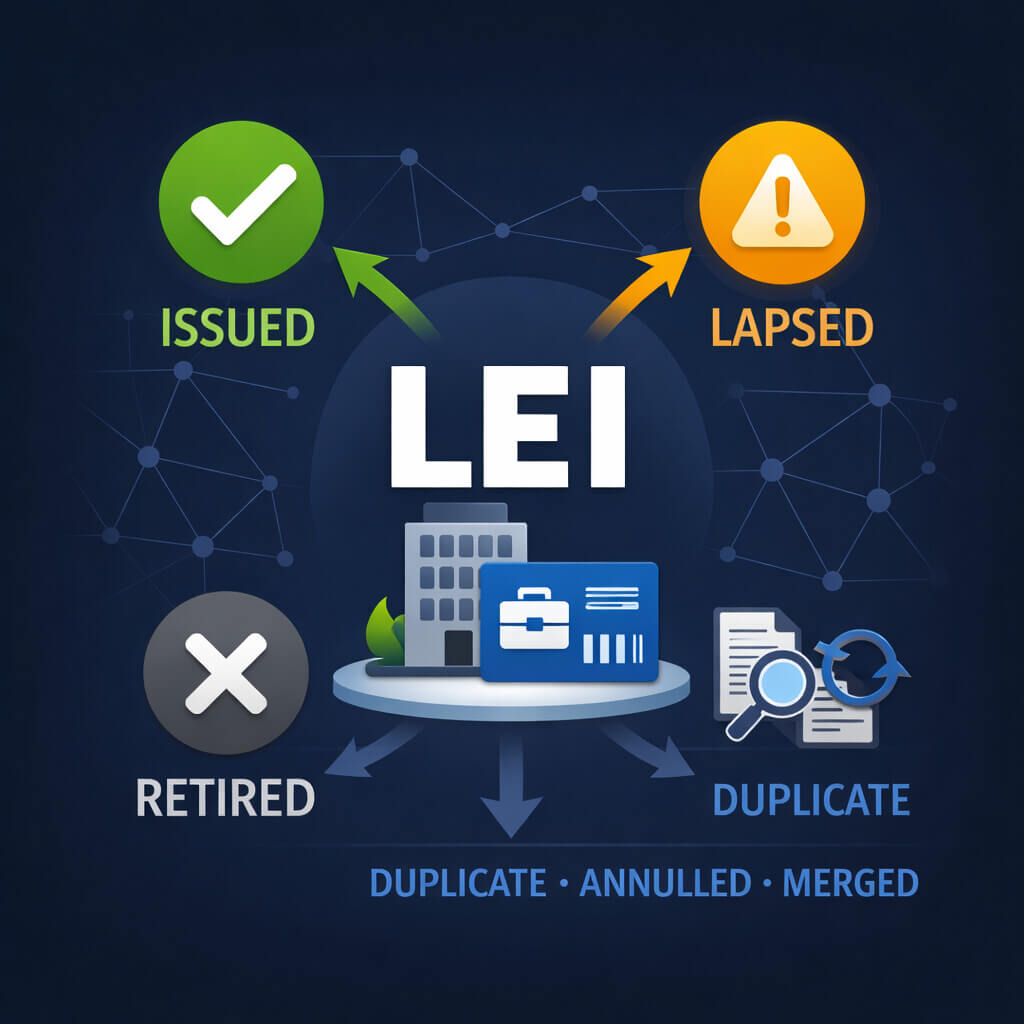 Article expliquant pourquoi le statut LEI est important, y compris les statuts émis, caducs, retirés et d’exception dans le système LEI
