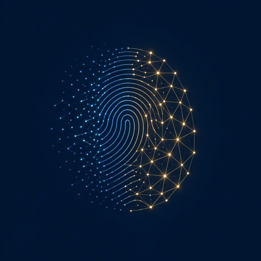 Code LEI comme identité numérique d'entreprise — empreinte digitale se transformant en réseau de données