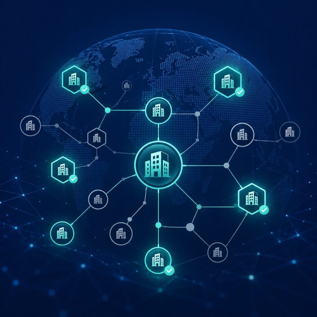Réseau mondial d’entités juridiques vérifiées et non vérifiées illustrant le processus KYB à l’aide des codes LEI